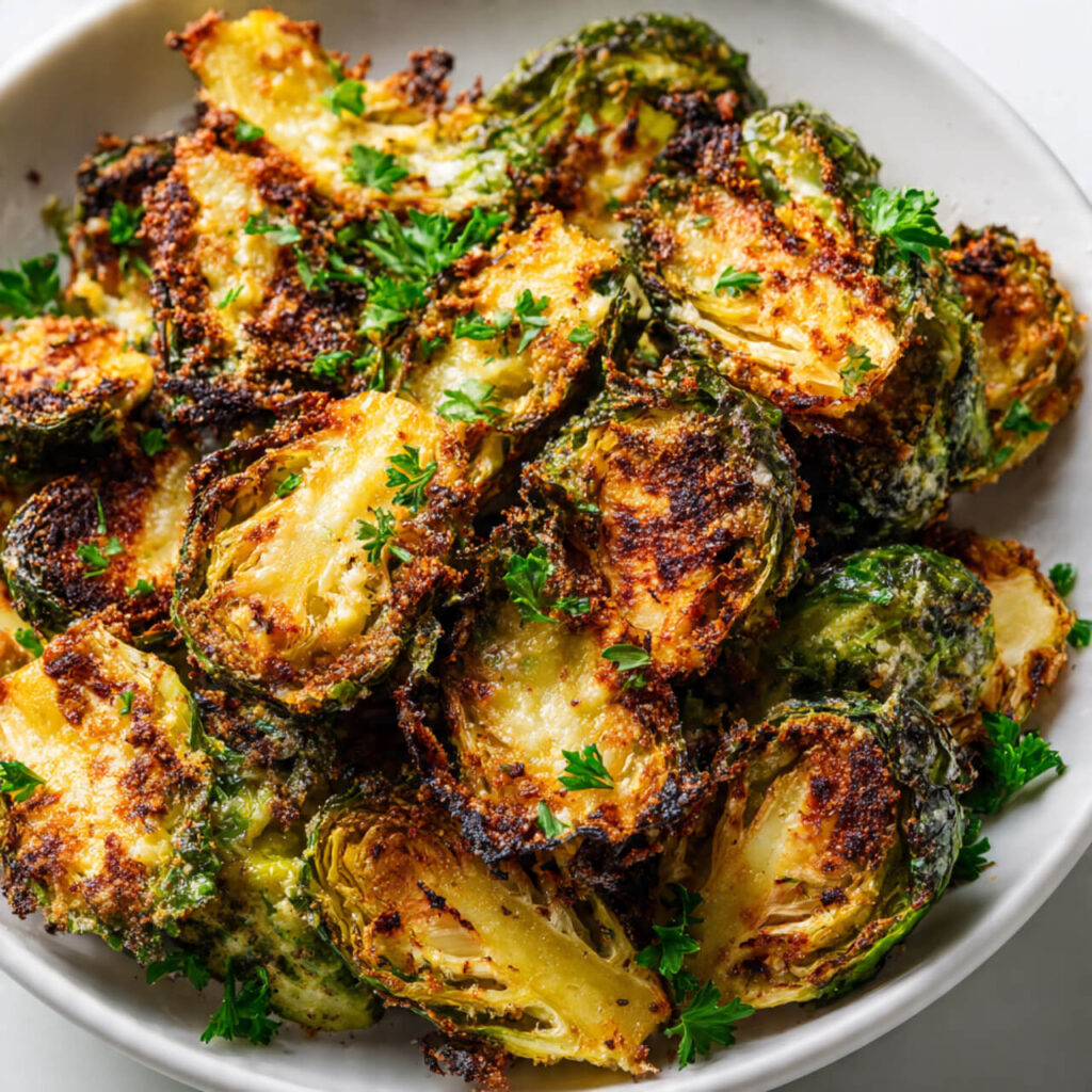 Smashed Air Fryer Brussels Sprouts with Parmesan