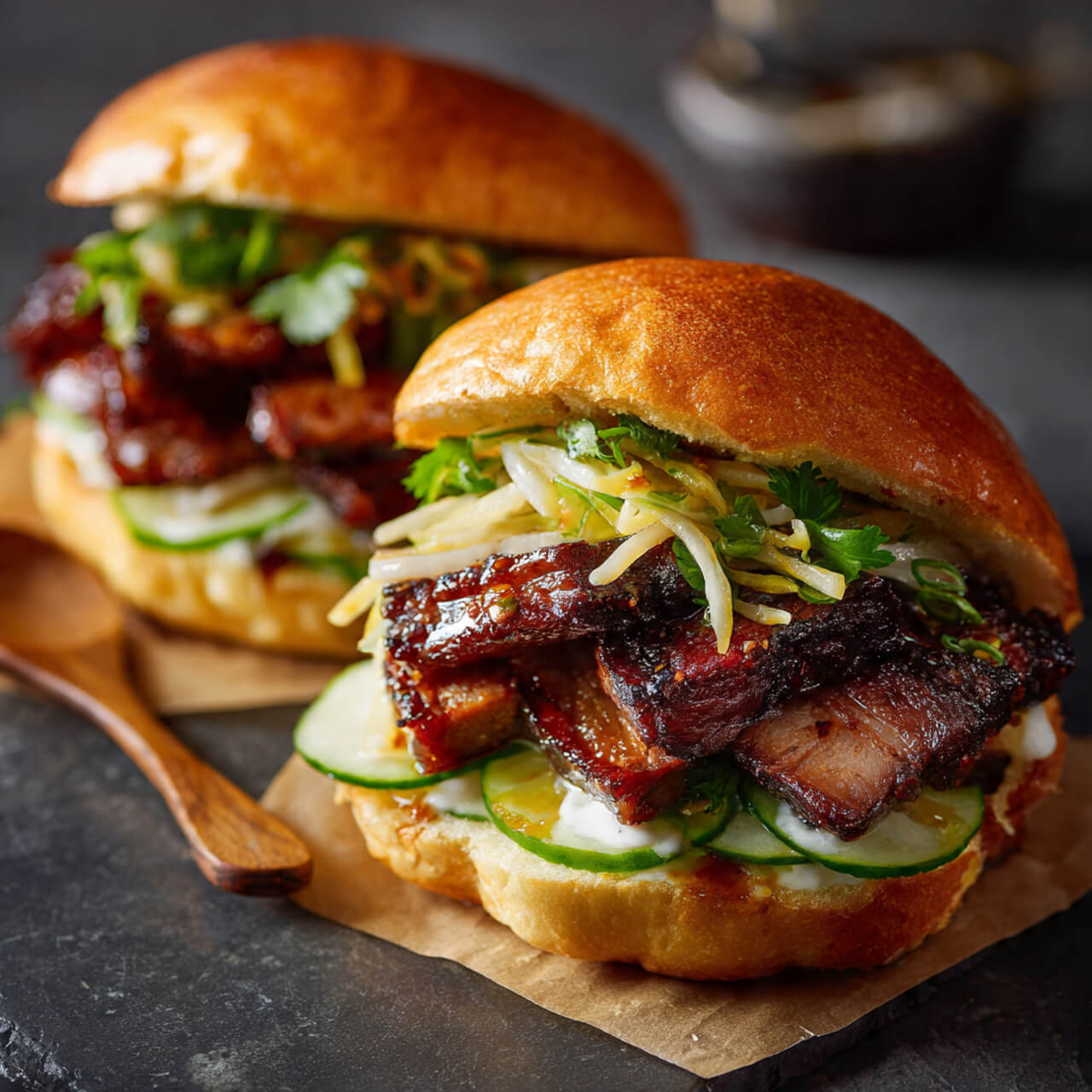 Vietnamese BBQ Pork Belly Banh Mi Burgers