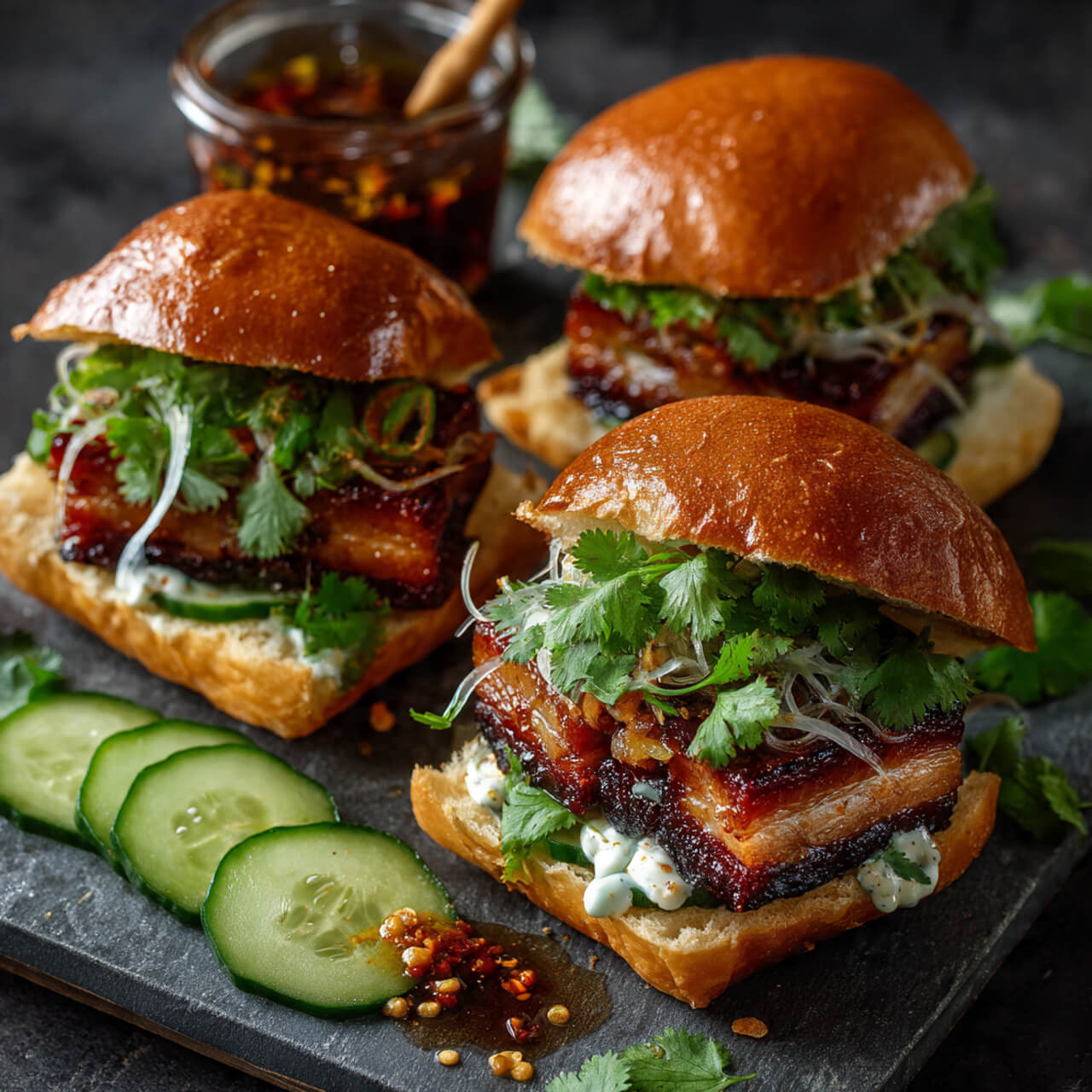 Vietnamese BBQ Pork Belly Banh Mi Burgers